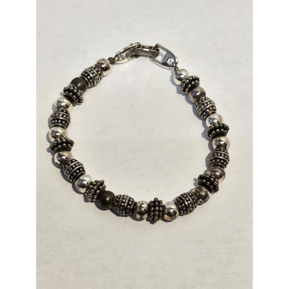 Napier Silver Tone Beaded Bracelet Vintage Textured Mixed Bead Fold Over Clasp